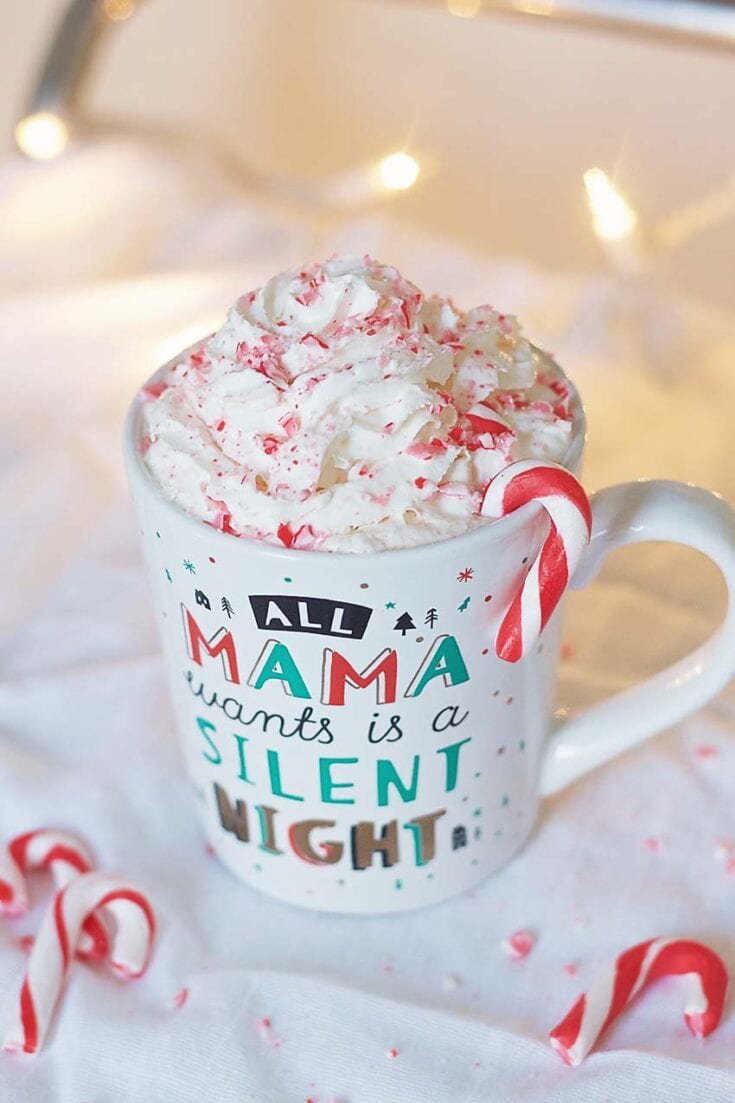 Sweet holiday mug filled with whipped cream and crushed peppermint, with candy canes on the table, perfect for festive treats and cozy winter moments.