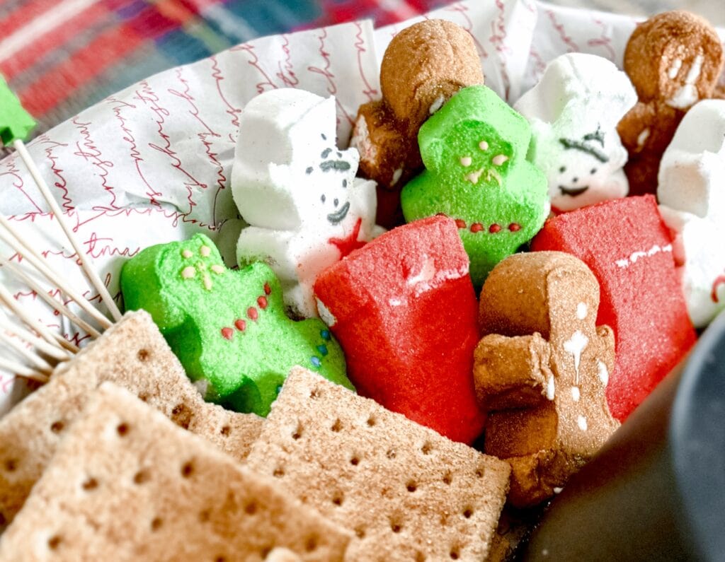 Christmas peeps on Christmas smores board