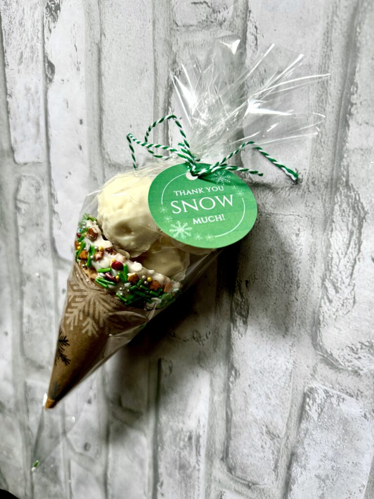 full snowcone with almond bark, wrapper, printable tag