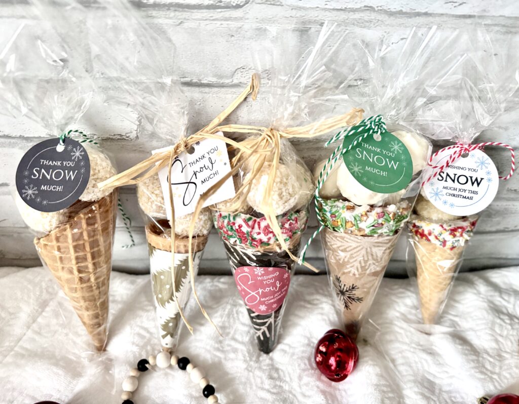 Snowcones with coconut balls for christmas candy gift with snow themed gift tags free printable
