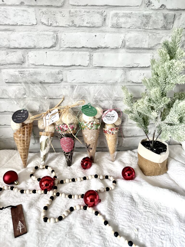 Snowcones with coconut balls for christmas candy gift with snow themed gift tags free printable