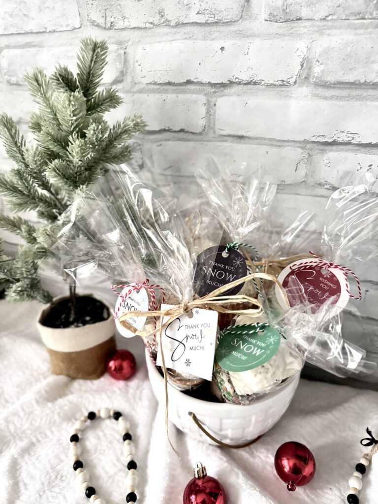 coconut snowball snowcones christmas candy gift in basket with free printable tags