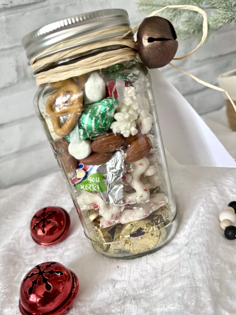 Layers of nativity trail mix in jar