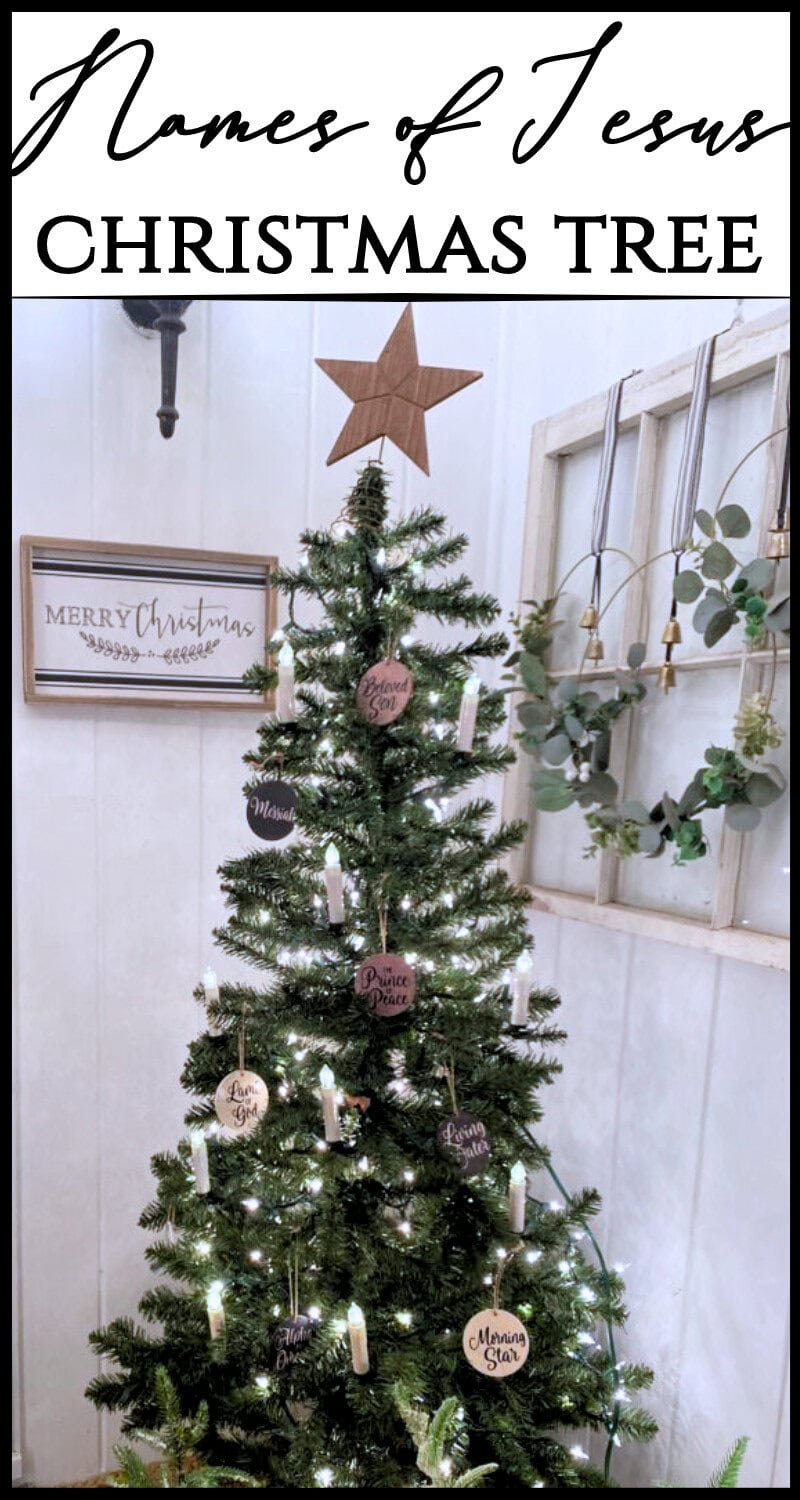 Festive Christmas tree decorated with meaningful ornaments and lights, perfect for celebrating the season and sharing the joy of Jesus' names this Christmas.