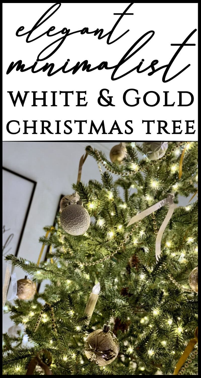 Elegant minimalistic white and gold Christmas tree decor with ornaments and lights.