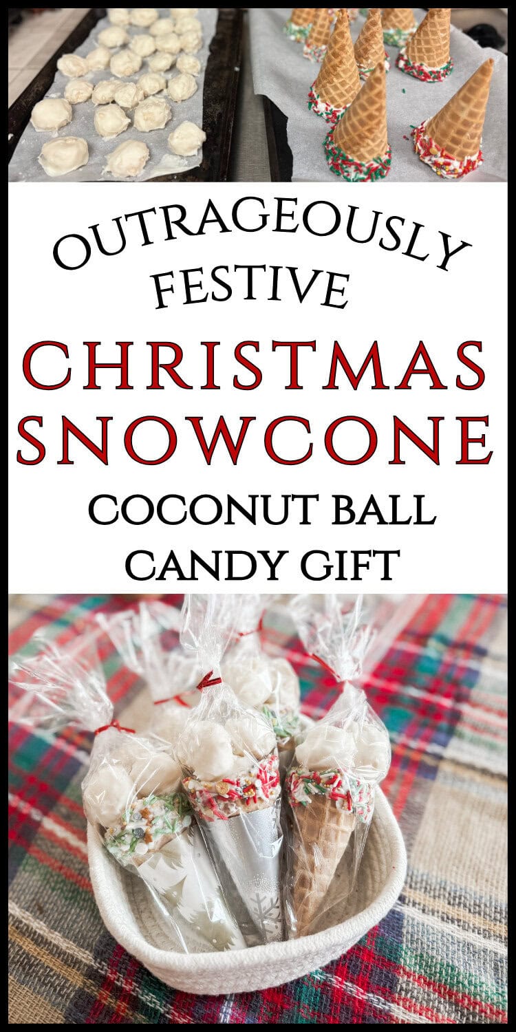 Festive Christmas snow cone coconut ball candy gift, holiday dessert, holiday treats, Christmas sweet, winter treats, holiday baking, Christmas celebration, holiday snack.