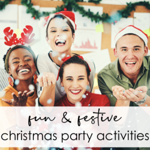 christmas party activities, themes and games with adults smiling in christmas hats