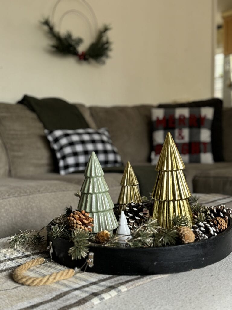coffee table tray with christmas vignette for white gold green trees
