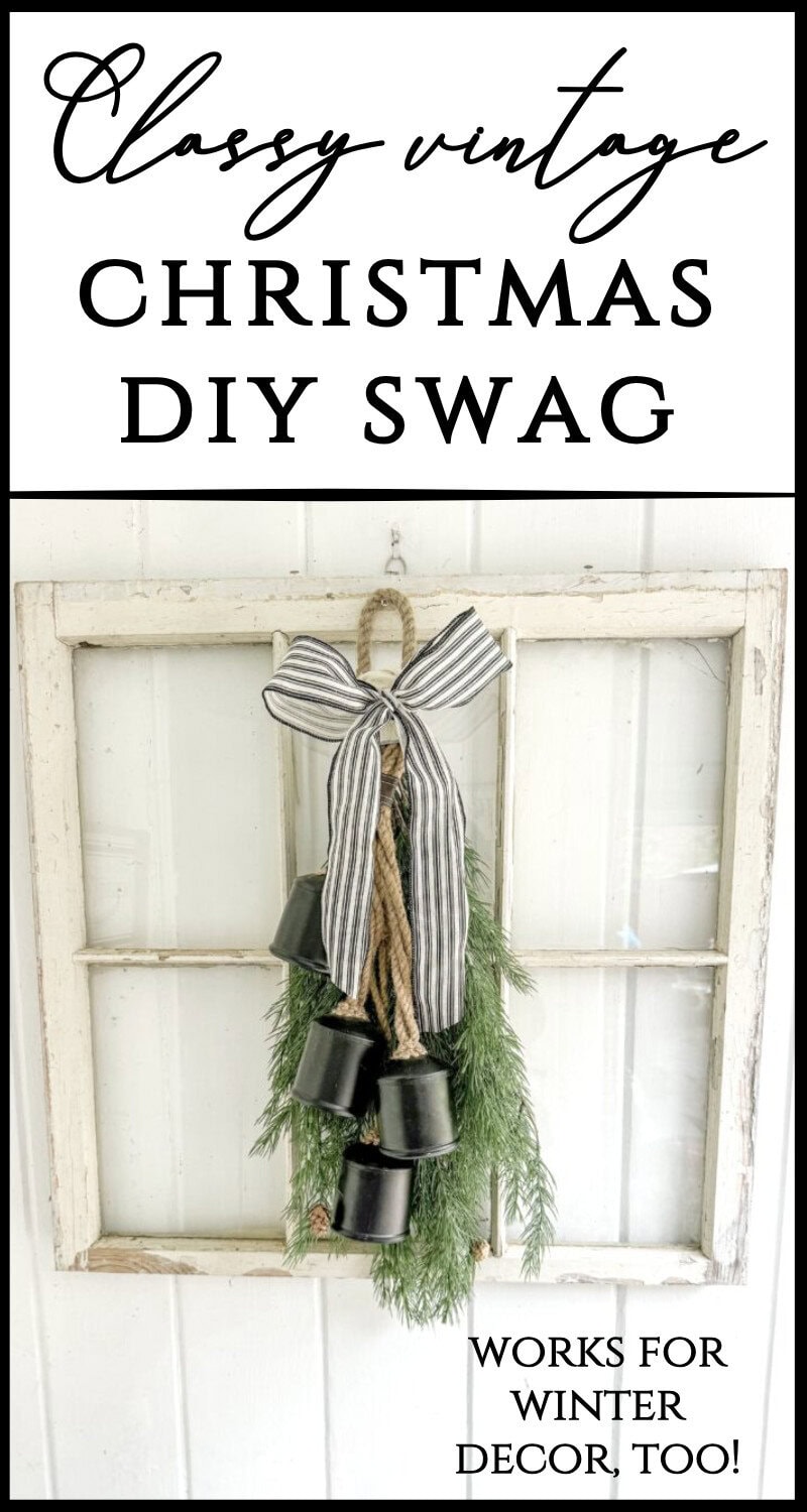 Vintage Christmas DIY wreath decor with small black tin buckets, striped ribbon, and greenery, perfect for winter holiday home decoration.