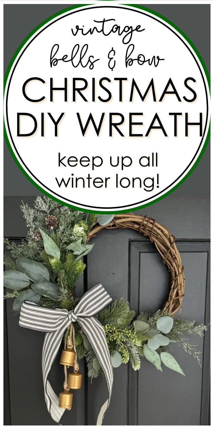 Vintage Christmas wreath with bells and greenery, perfect for holiday home decor and DIY Christmas crafts.