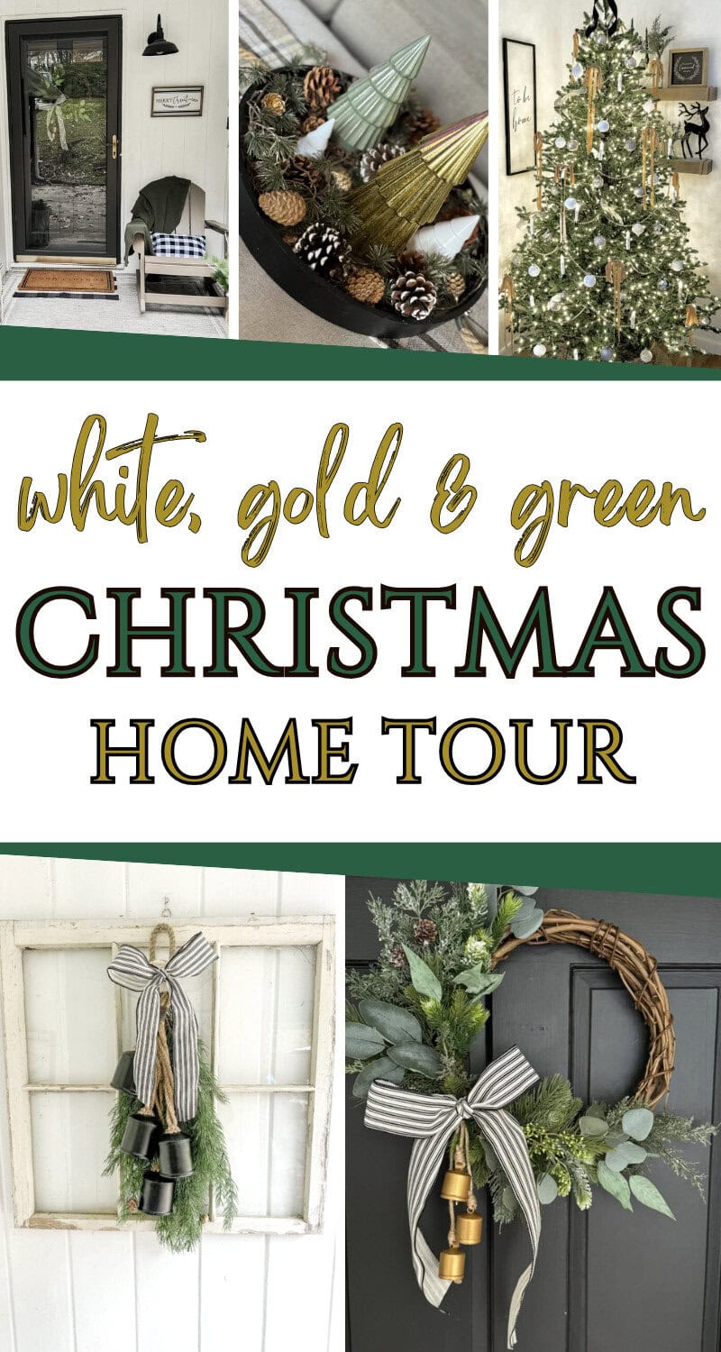 Festive holiday home decor featuring white, gold, and green Christmas wreaths, a decorated Christmas tree with ornaments, and cozy porch accents for winter holiday cheer.
