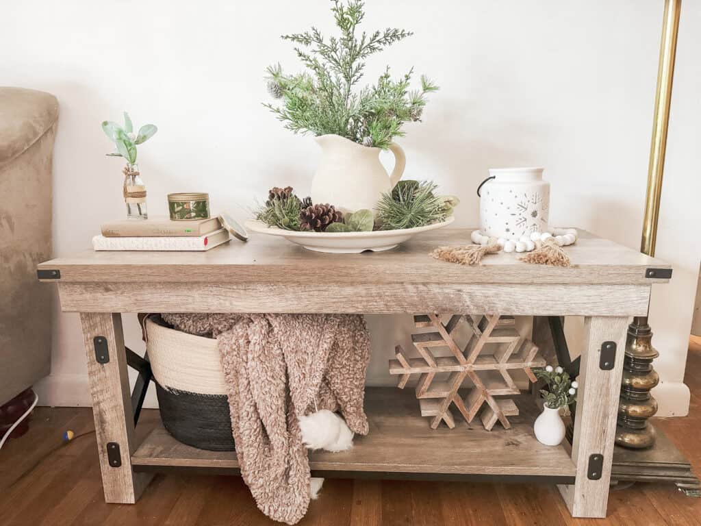 winter home decorating rustic bench with cozy winter decor