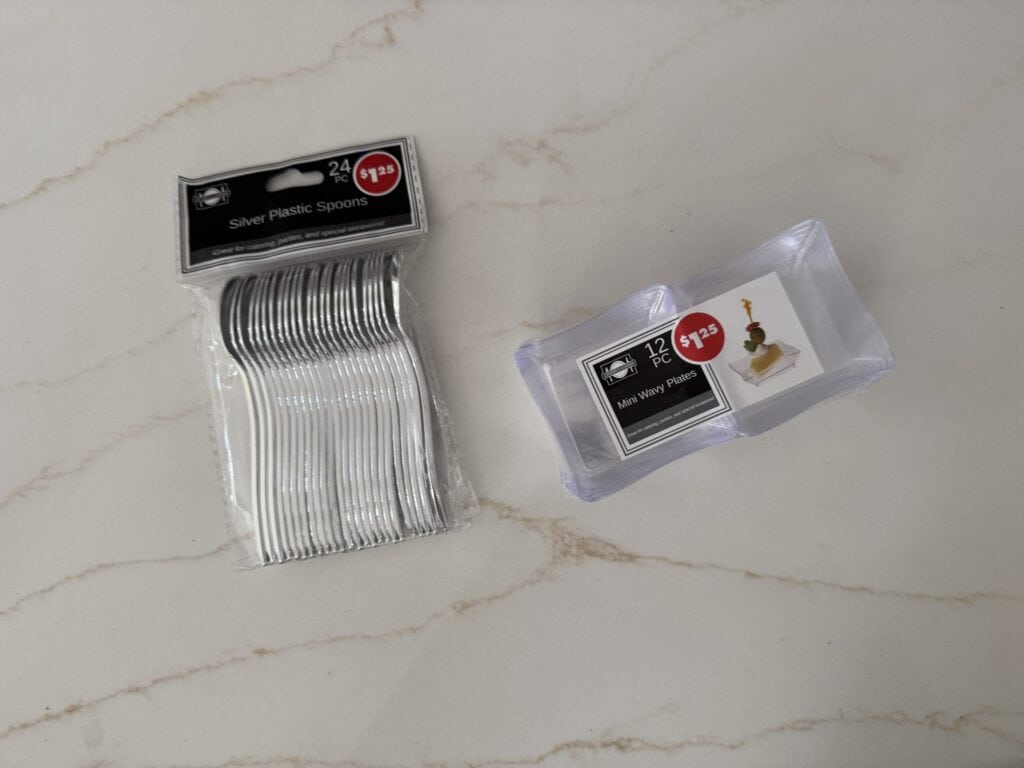 mini trays and plastic spoons from dollar tree for little debbie christmas tree dip