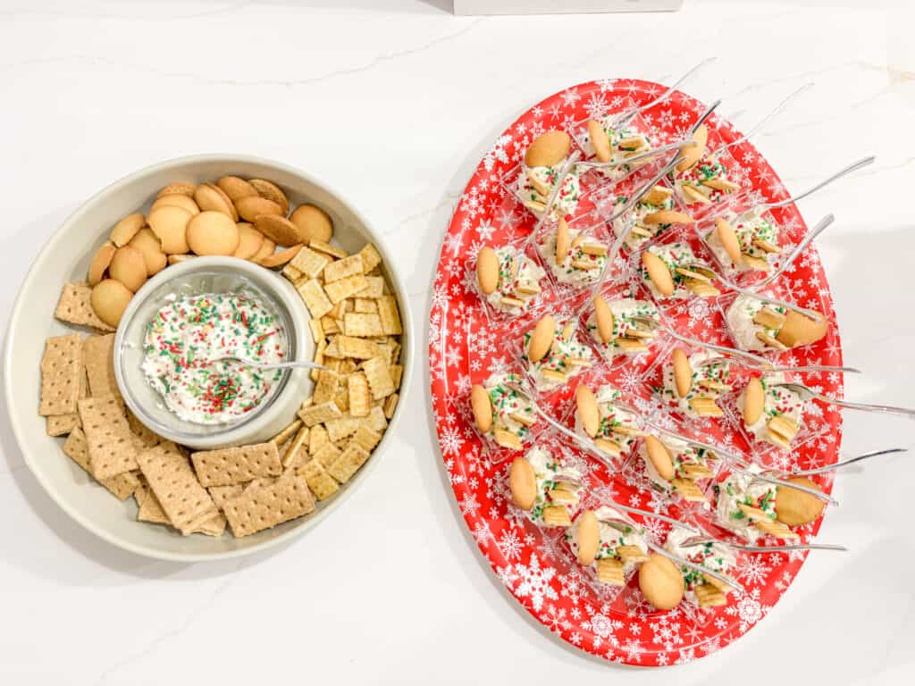little debbie christmas tree dip with cream cheese, served individually on trays and in a bowl with dippers