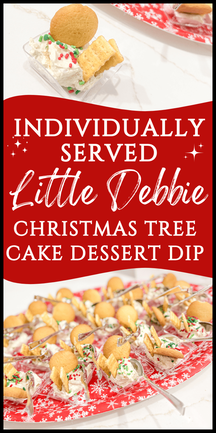 Mini Christmas dessert dip with cookies, whipped cream, and festive sprinkles on a decorative tray.