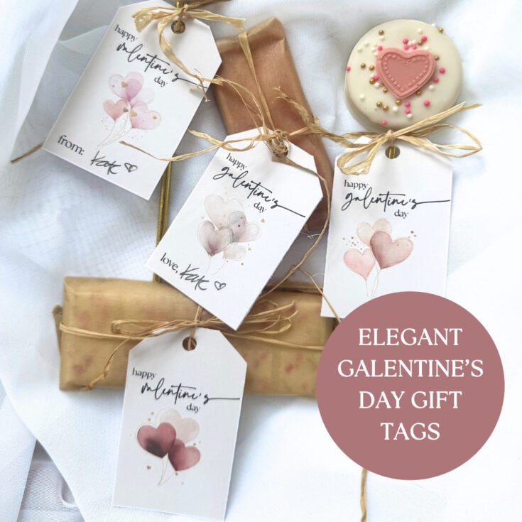 Set of elegant Galentine's Day gift tags with pink and beige heart designs, tied with natural twine, perfect for celebrating friendship on February 14th.
