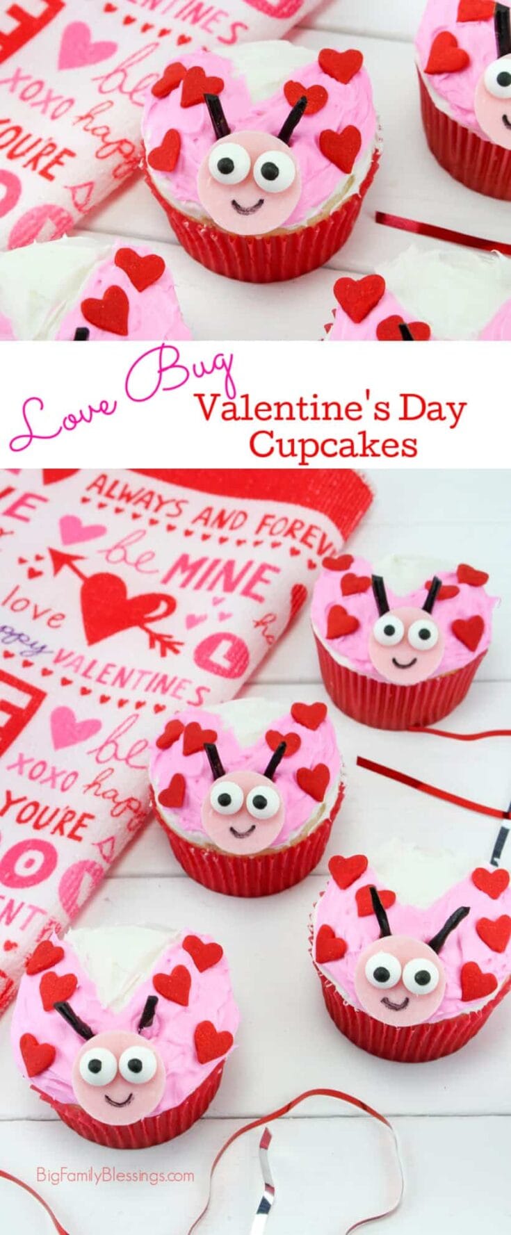 Cute ladybug cupcakes with pink frosting, red hearts, and edible bug decorations, perfect for Valentine's Day celebrations.