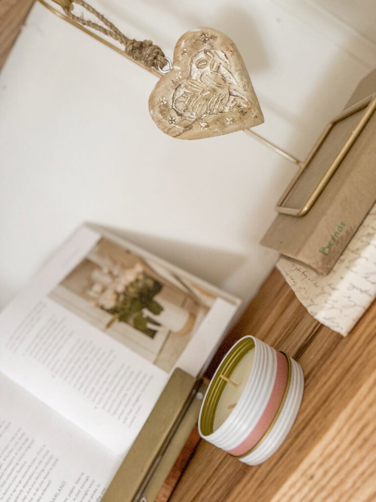 wood floating heart for neutral valentine decor
