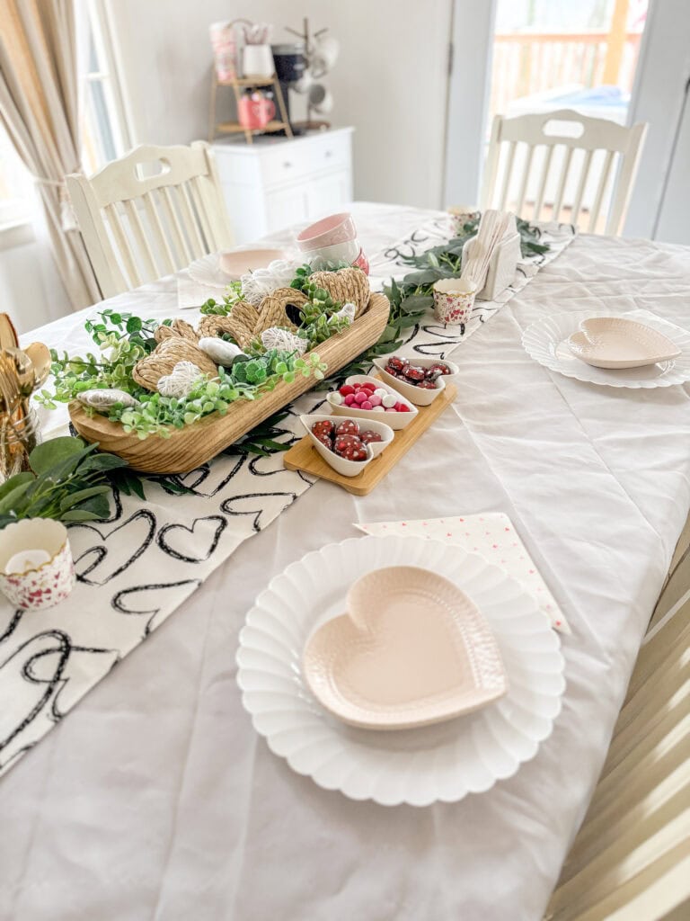 valentine tablescape with pink heart plate