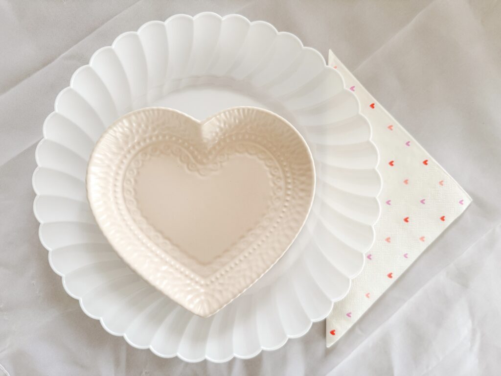 pink heart plate on table for subtle neutral valentine's day decor