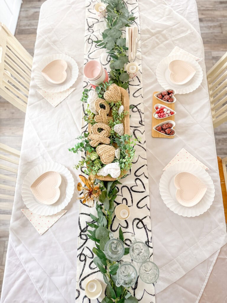 eucalyptus garland on valentine's day table for neutral subtle decor