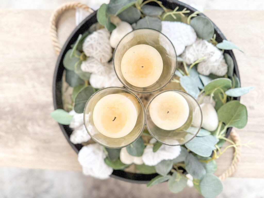 top view of coffee table tray with cream, white, green, black decor for neutral valentine decor