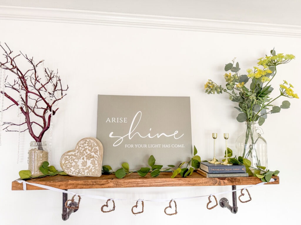 shelf with green floral for valentine shelf.