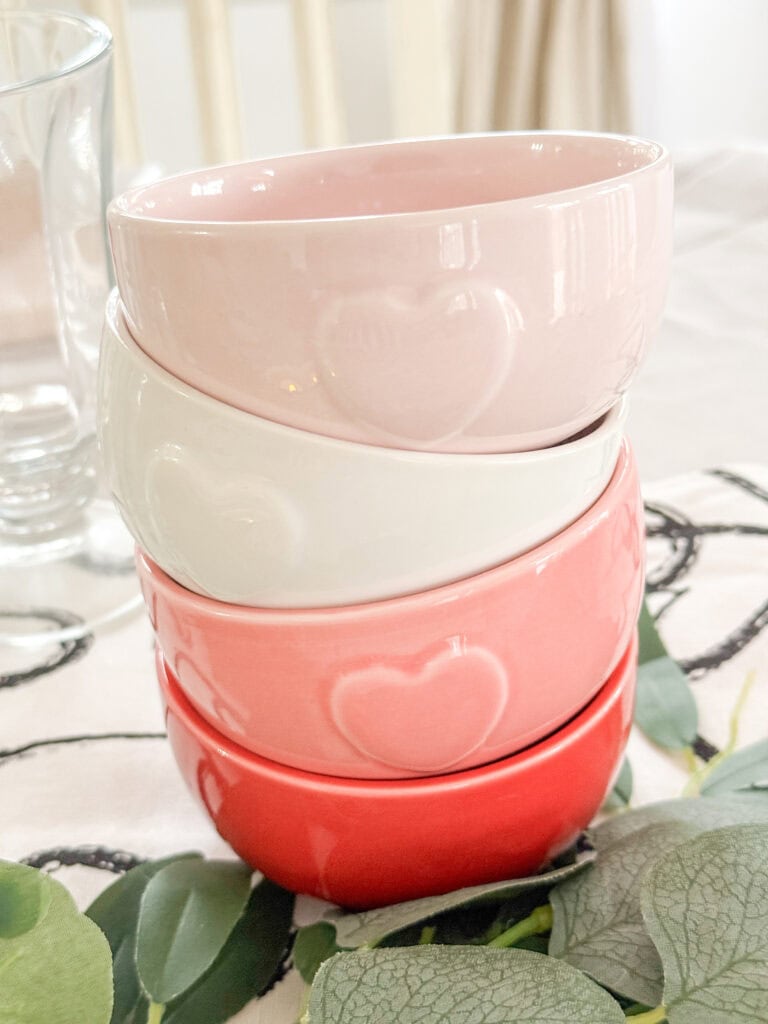 valentine bowls on table for valentine tablescape