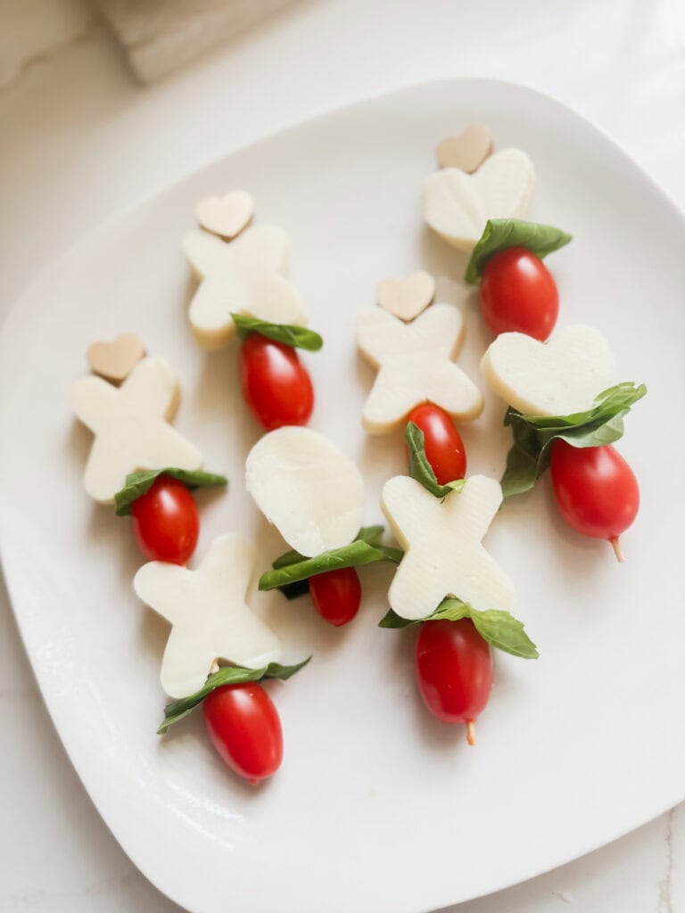xo valentine caprese kabobs on skewer with no glaze