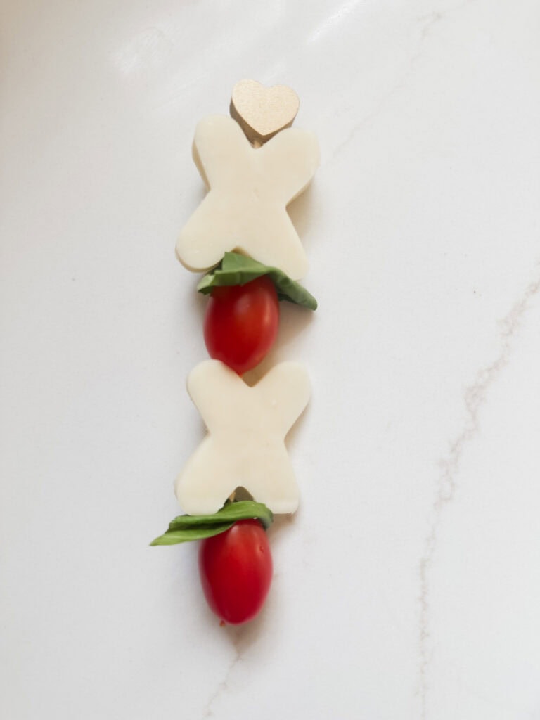 xoxo cherry tomato mozzarella valentine kabob on skewer