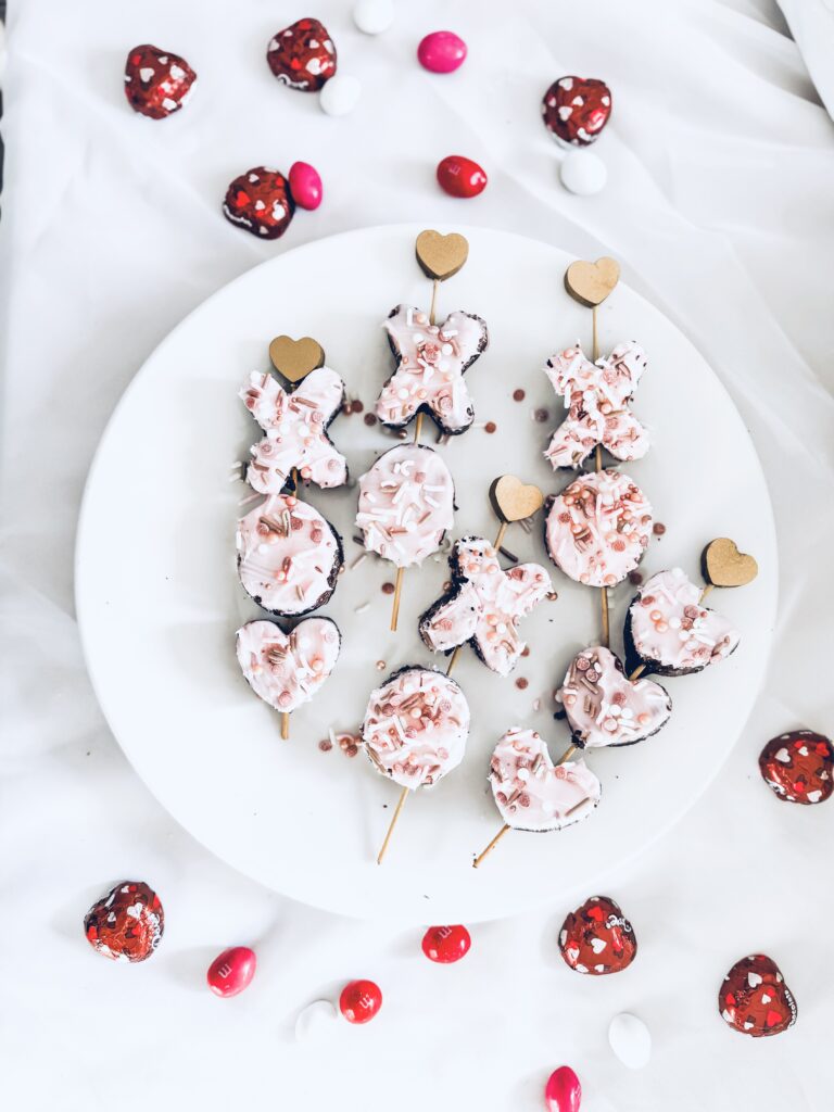 valentine brownie xo heart skewers on plate