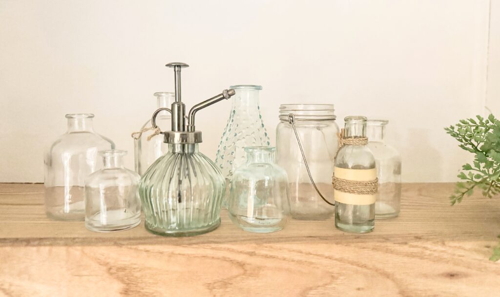 bottles and vases on shelf