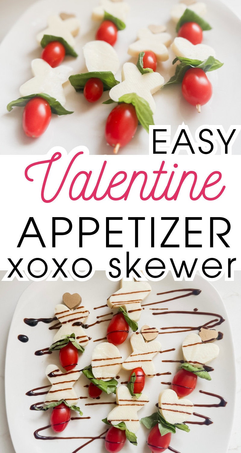 Cherry tomato and mozzarella heart skewers with basil, perfect for Valentine’s Day appetizer. Easy to make, colorful, and a charming addition to romantic celebrations or parties.