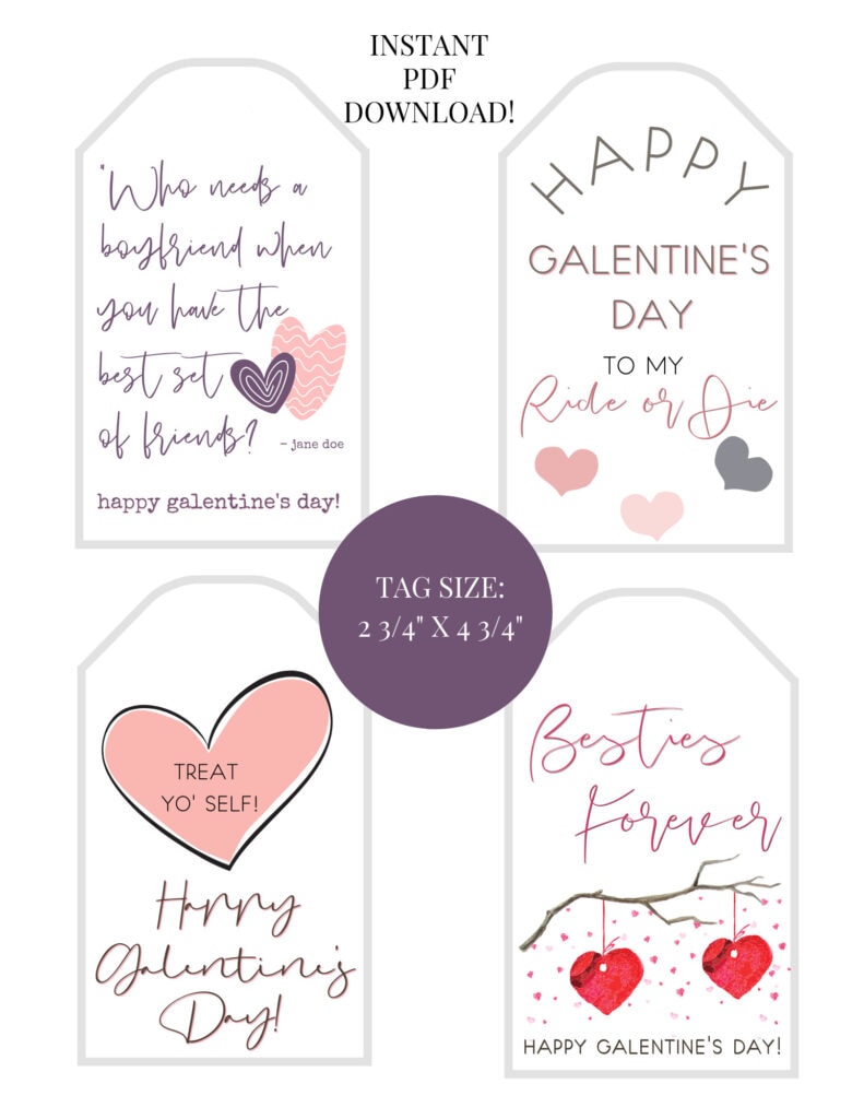 Romantic Valentine's Day gift tags with heartfelt messages, perfect for expressing love and friendship, featuring themes of love, friendship, and celebration for Galentine’s Day and Valentine's Day.