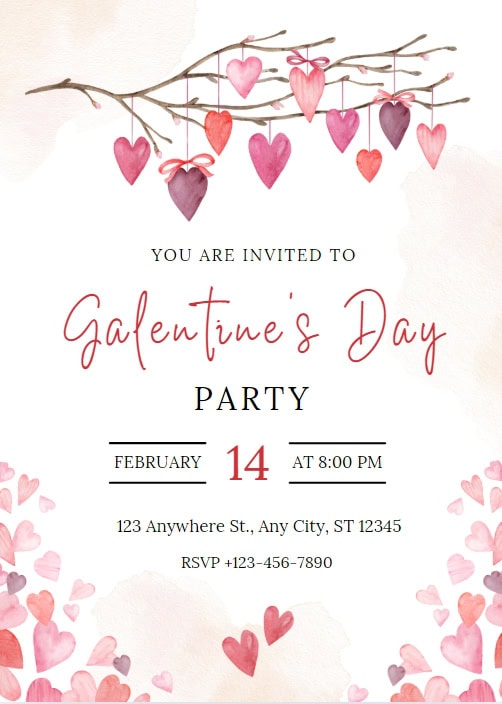Heart-shaped pink and red decorations hanging from a branch for Valentine's Day celebration.