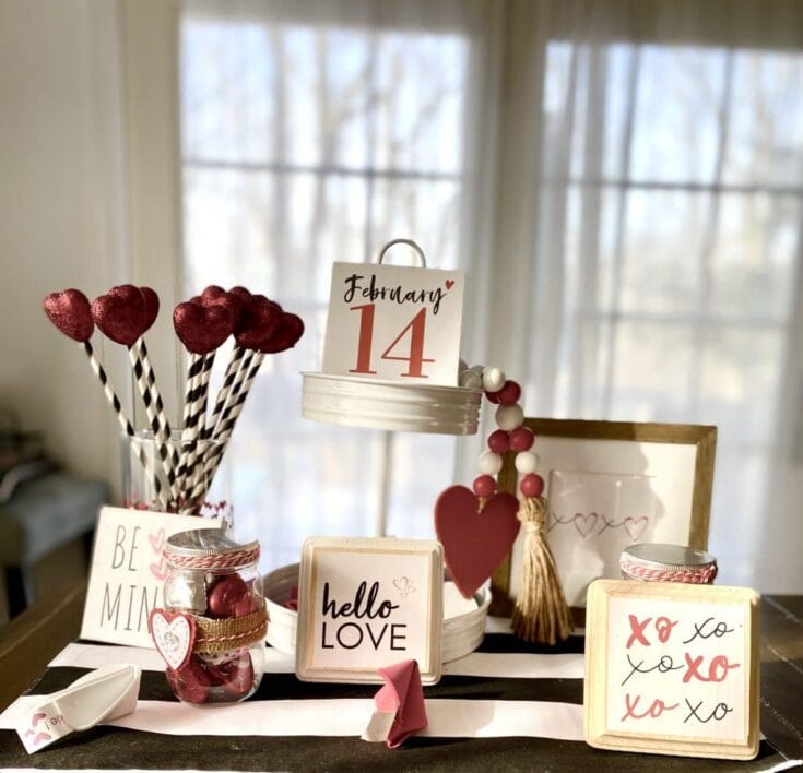 A festive Valentine's Day display with Love-themed decorations, hearts, and gifts for celebrating love and romance on February 14. Perfect for romantic occasions or heartfelt gifting.