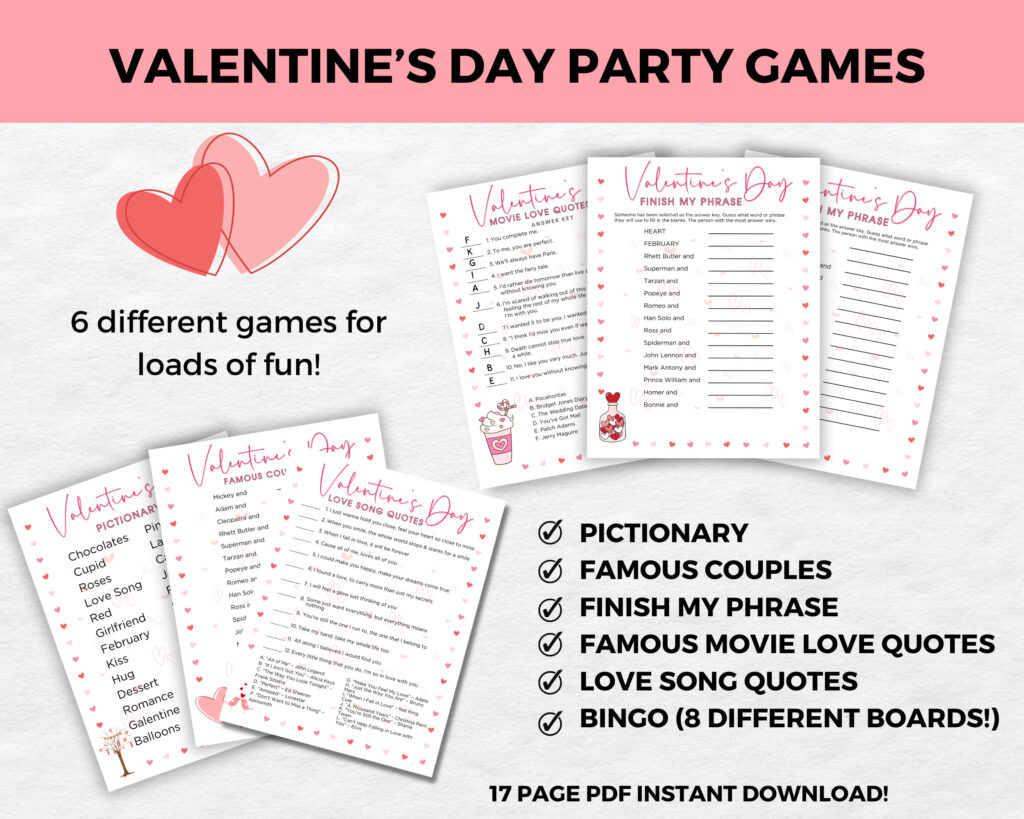 Valentine's Day party games including guess the movie quotes, love song lyrics, famous couples, and finish the phrase for fun Valentine's celebration activities.