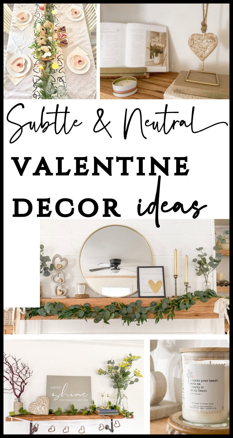 Handmade heart-shaped candles and neutral-toned Valentine's Day decor on cozy wooden shelves with greenery and inspirational quotes, perfect for subtle and elegant Valentine's celebration decor.