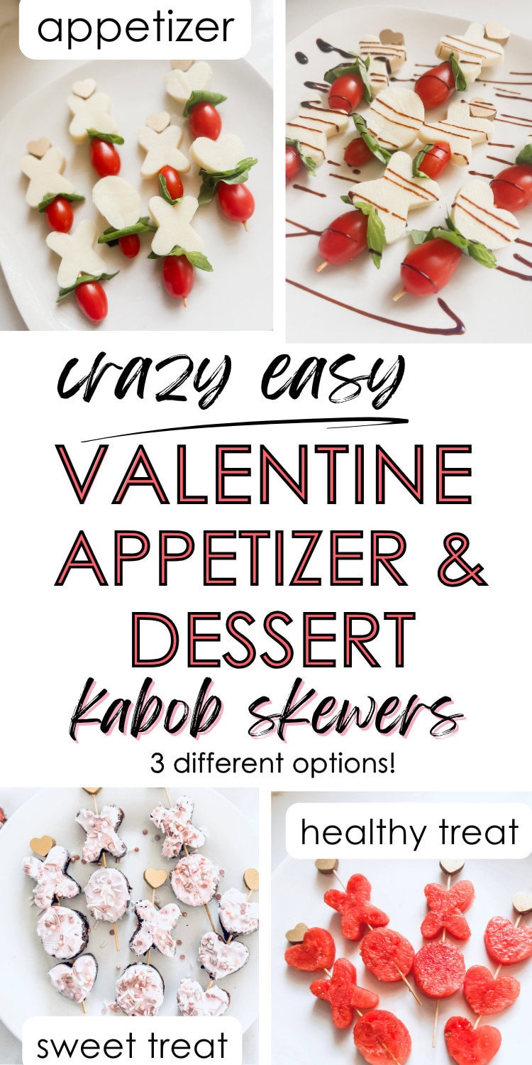 valentine appetizer and dessert kabob skewers with watermelon, iced brownie, caprese bites XOXO