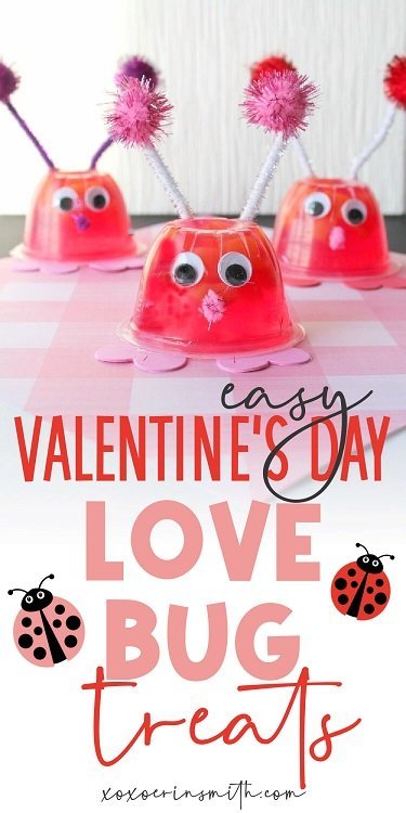 Bright Valentine’s Day love bug treats made with plastic cup craft supplies, adorable googly eyes, pom-pom antennae, and candy lips, perfect for kids' Valentine’s Day parties and DIY holiday crafts.