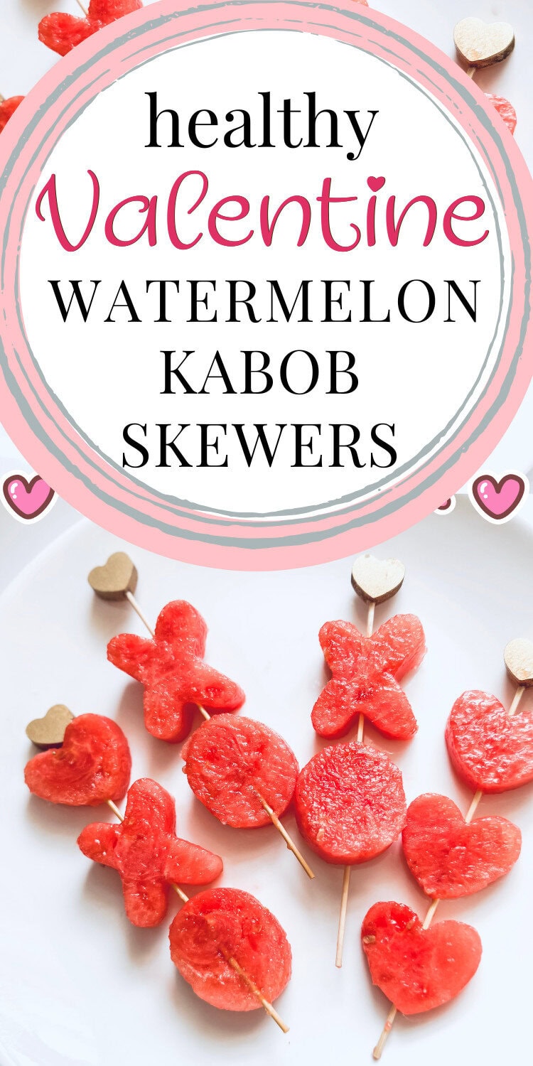 Watermelon Valentine skewers, healthy fruit snacks with heart and star shapes, perfect for Valentine's Day, kids' parties, and healthy treat ideas from A Hundred Affections.