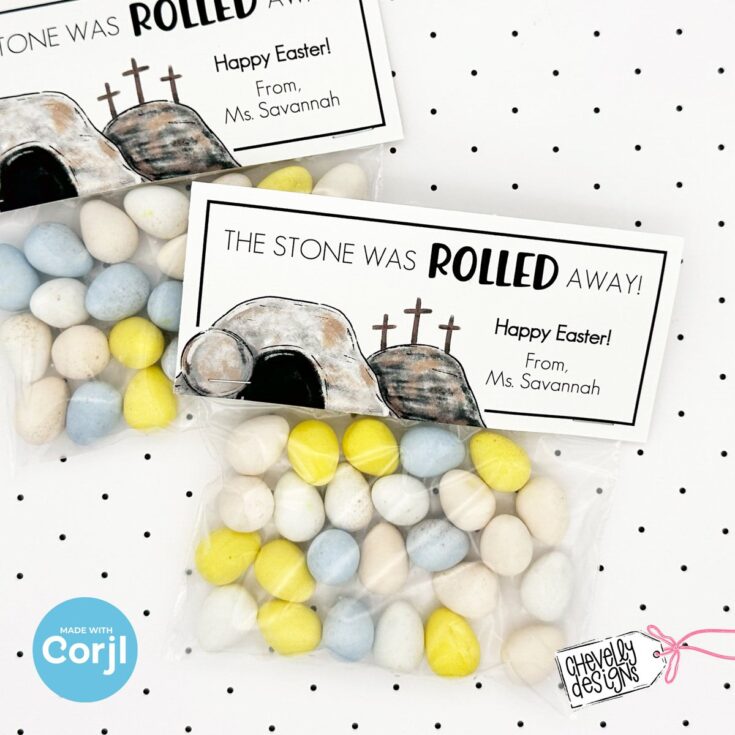 Stone-themed Easter treat bags with colorful candy and hand-drawn tombstone illustration, perfect for unique holiday party favors and Easter celebrations from A Hundred Affections.