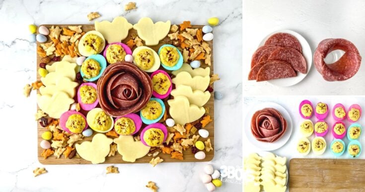 Roses-shaped salami and cheese platter with colorful mini eggs and cookies, perfect for a festive celebration or brunch centerpiece, featuring a variety of savory and sweet finger foods.
