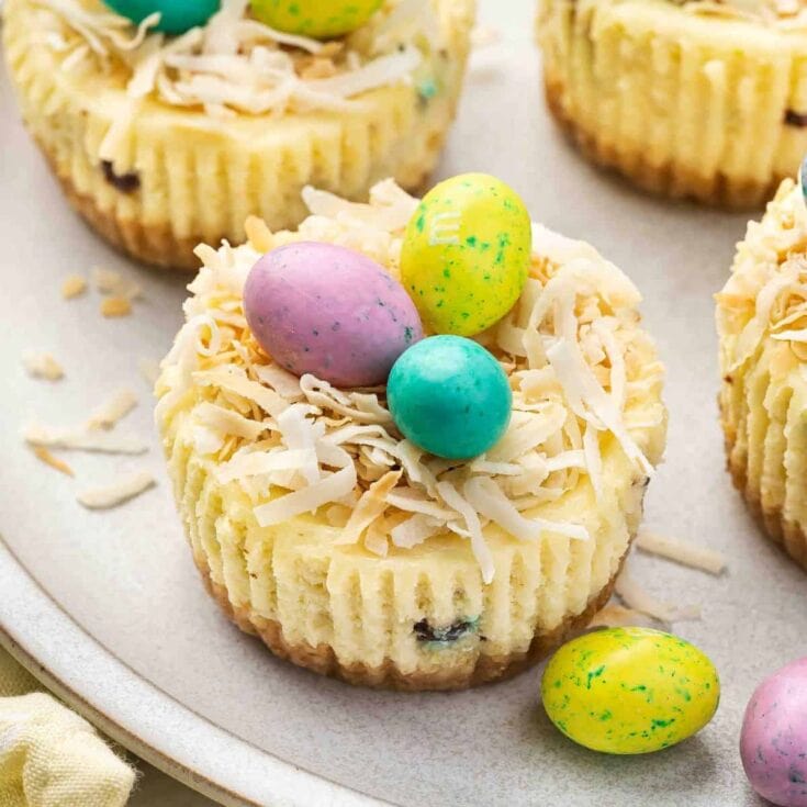 Rainbow Easter treats topped with colorful mini chocolate eggs, white chocolate shavings, and a buttery cookie crumb crust. Perfect for spring celebrations and festive dessert ideas.