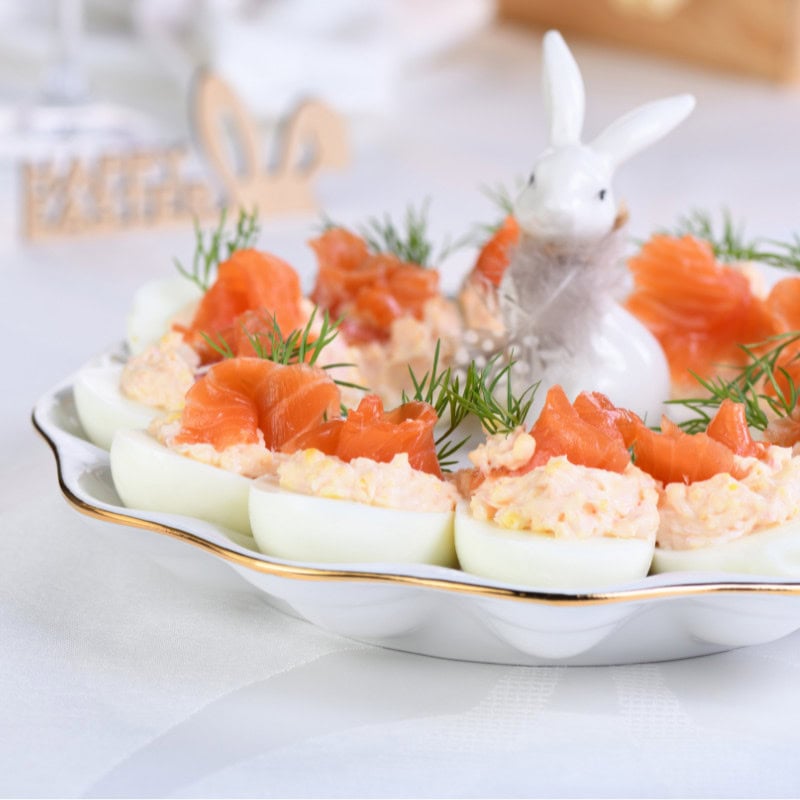 easter deviled egg appetizer with bunny on plate