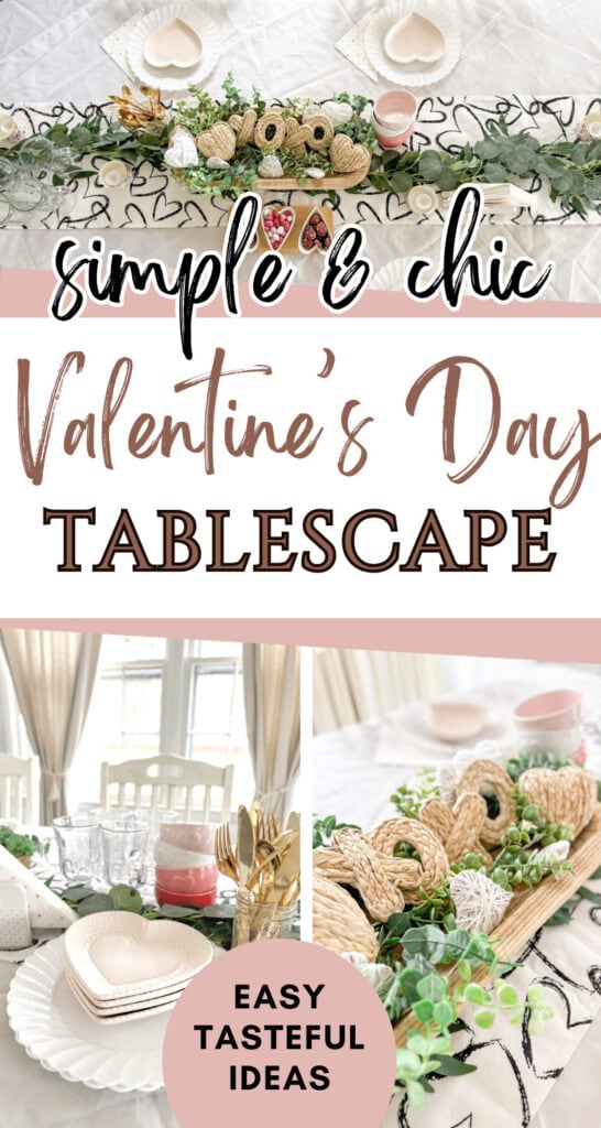 Heart-shaped cookies with "LOVE" spelled out in wooden letters and greenery on a romantic Valentine's Day tablescape.