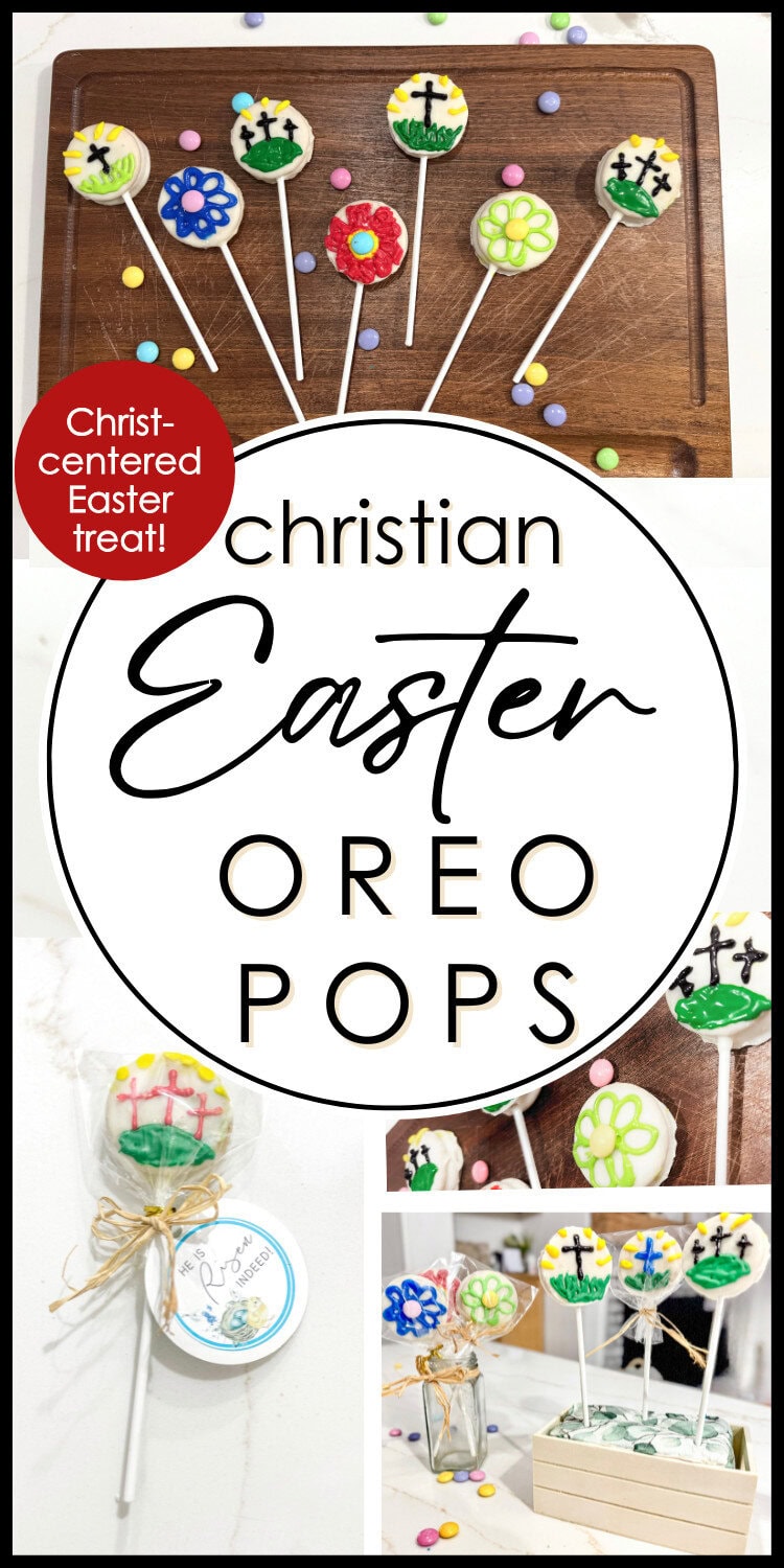 Colorful Easter Oreo pops decorated with Christian symbols and spring flowers, perfect for a Christ-centered Easter celebration or gift. Suitable for family and religious festivities.