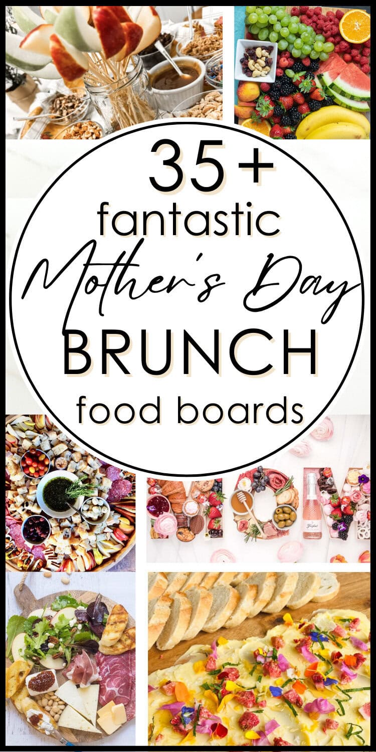 mother's day brunch board collage with mom boards, spring veggie board, bagel boards