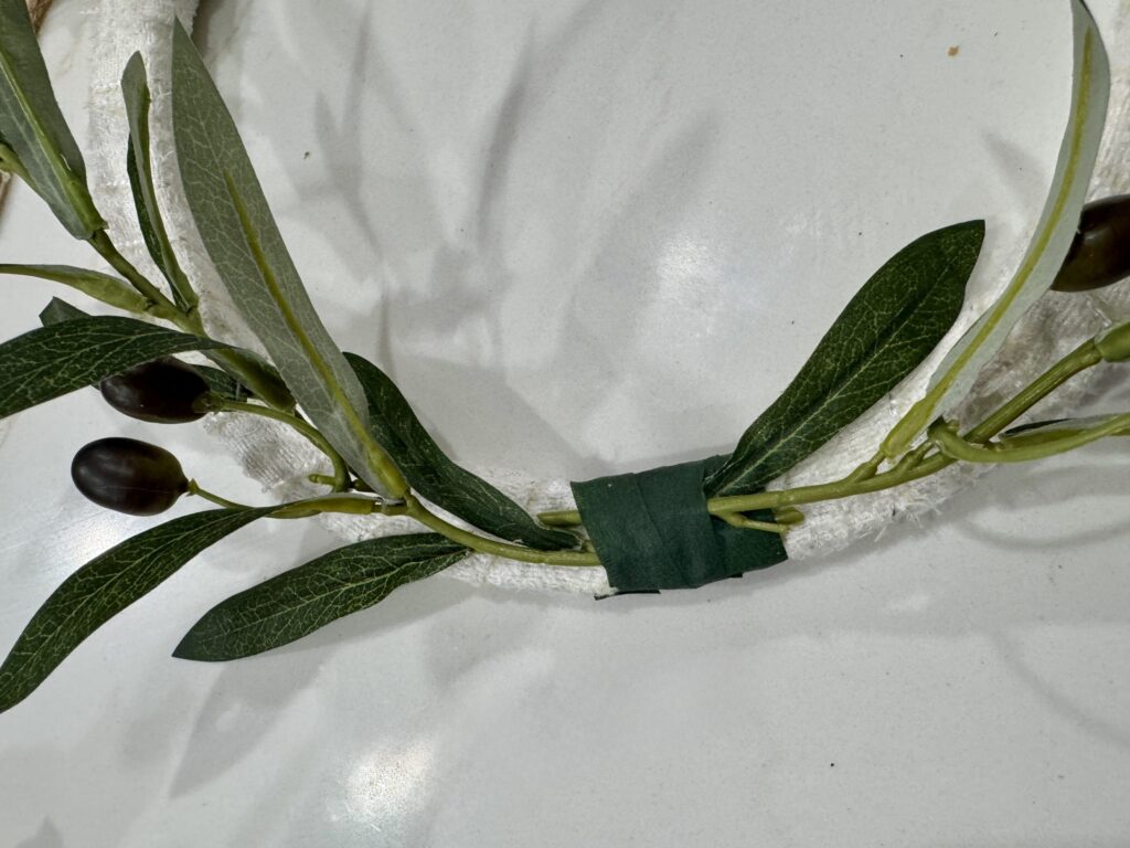 floral tape olive branches on wreath form