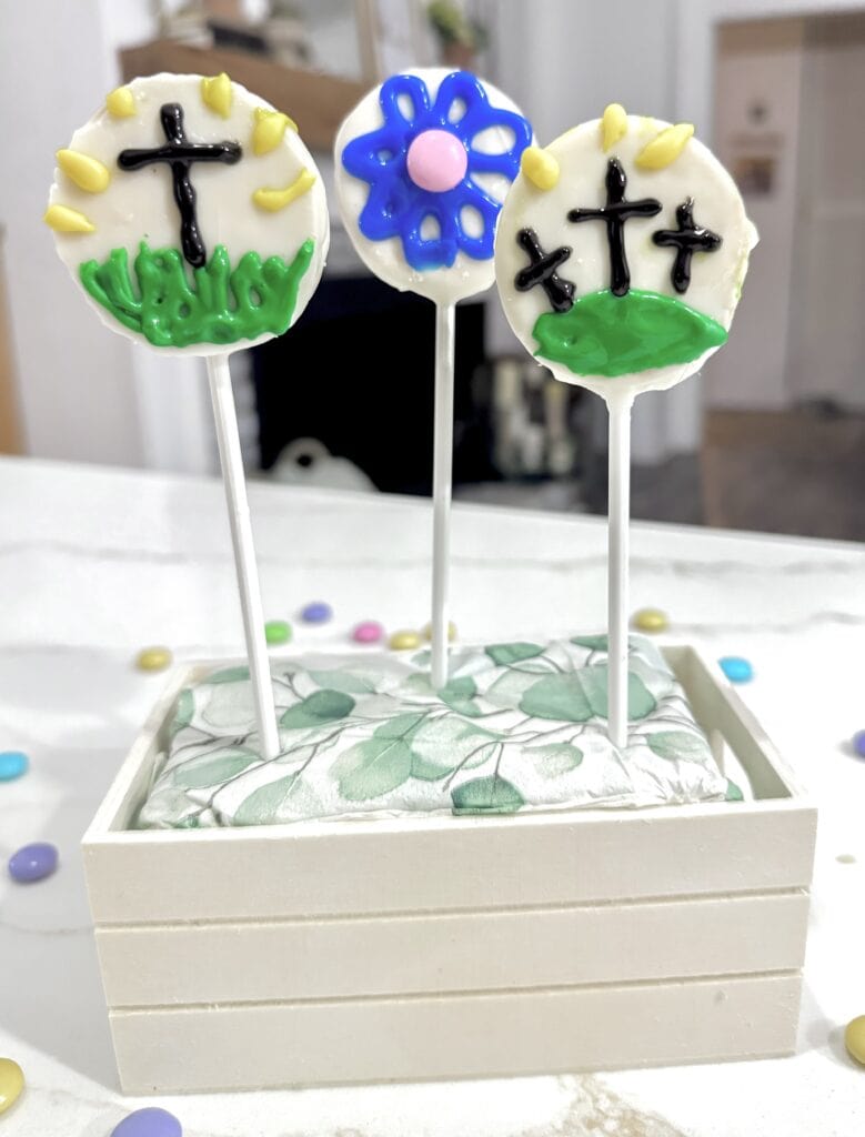 easter oreo pops with crosses and flowers